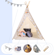 Dječji šator teepee JULIUS, 120x120x160 cm, bijela/siva