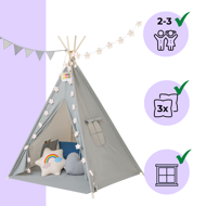 Dječji šator teepee JULIUS, 120x120x160 cm, siva/plava
