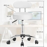 Tabure na kotačima s naslonom ROLAND, Ø35 cm, bijeli