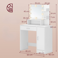 Toaletni stol JOCELYN s rasvjetom, 140×90×40cm, bijela