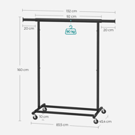 Stalak za odjeću na kotačićima INEZ, max. 90 kg, 83,5x45x160 cm, crna