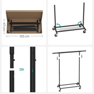 Stalak za odjeću na kotačićima INEZ, max. 90 kg, 83,5x45x160 cm, crna