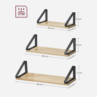 Zidne konzolne police ABBY, 3 kom, 30/35/40x12 cm, crna/svijetlosmeđa