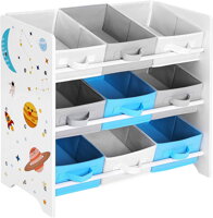 Regal za igračke VESMIR, 9 kutija, 62,5x29,5x60 cm, bijeli s naljepnicama