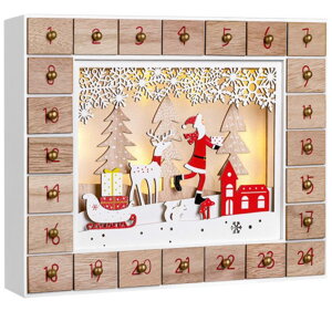 Drveni adventski kalendar SANTA CLAUS s rasvjetom, 35x6x27 cm, bijela/smeđa