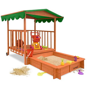 Pješčanik s verandom HAPPY, 130x130x143 cm, smeđa/zelena