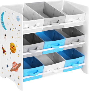 Regal za igračke VESMIR, 9 kutija, 62,5x29,5x60 cm, bijeli s naljepnicama