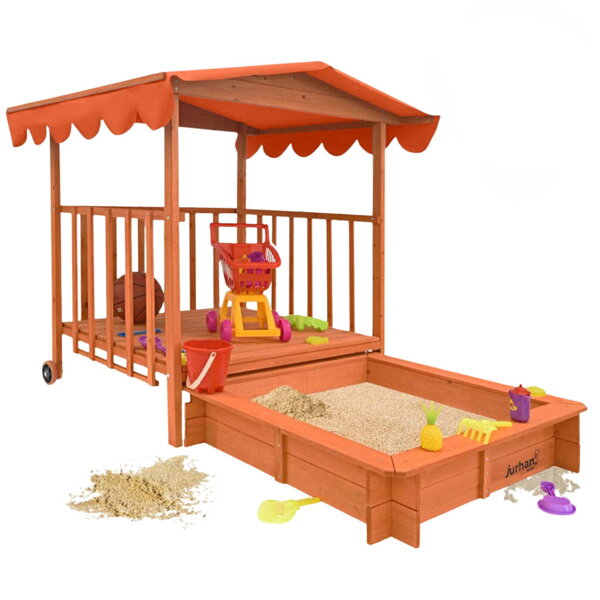 Pješčanik s verandom HAPPY, 130x130x143 cm, smeđa/narančasta