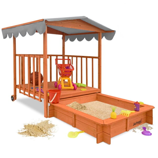 Pješčanik s verandom HAPPY, 130x130x143 cm, smeđa/siva