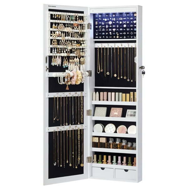 Zidna kutija za nakit s ogledalom JEWELIA s LED osvjetljenjem, 10x37x120 cm, bijela
